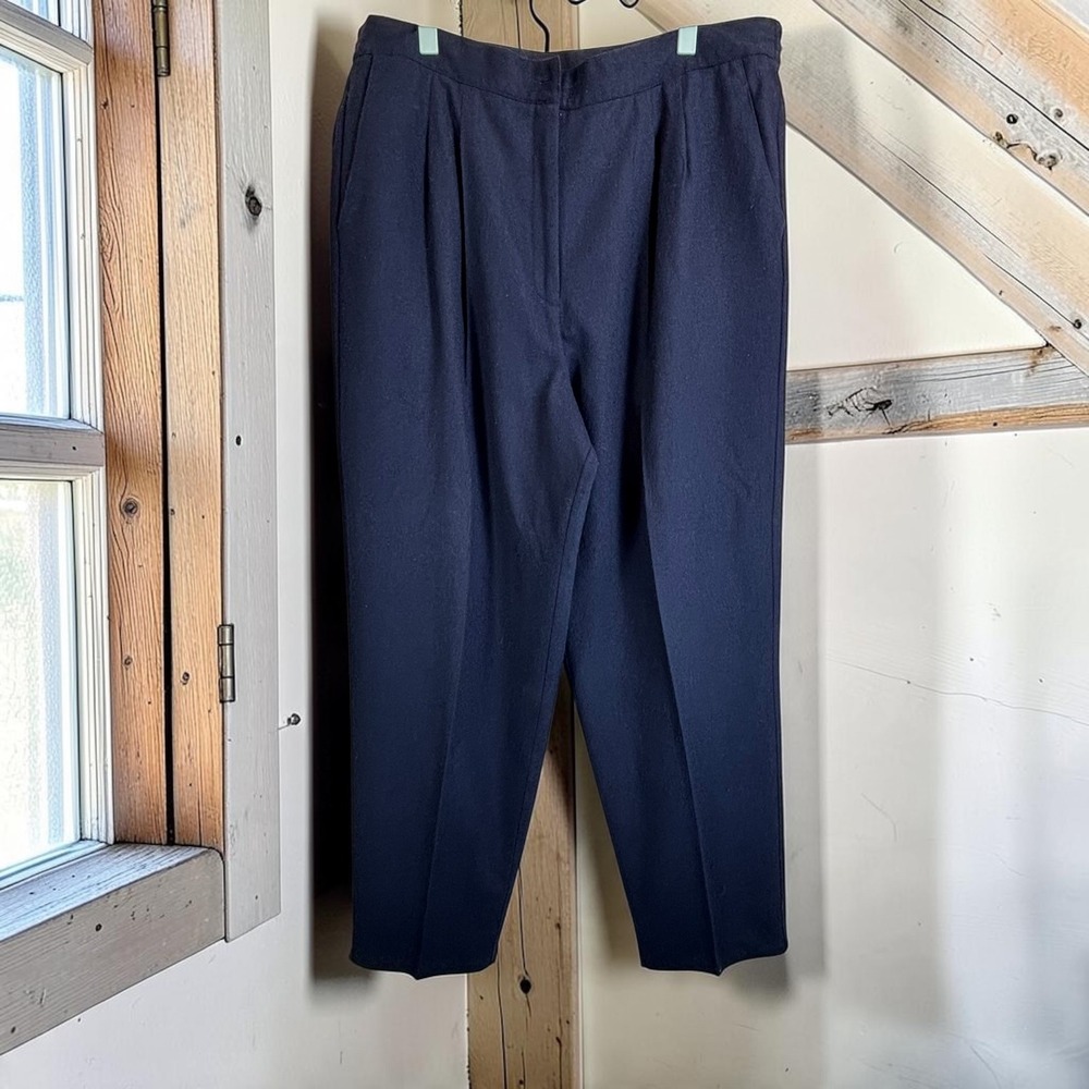 Vintage Trousers Leslie Fay 18 Navy Blue Wool Blend Pleated Tapered Pants Office